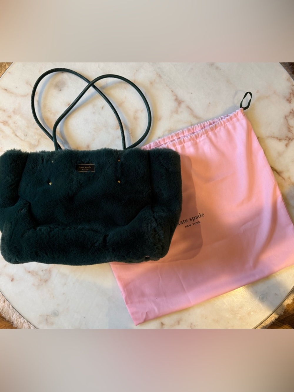 kate spade Dark Green Faux Fur Tote with Leather Handles
